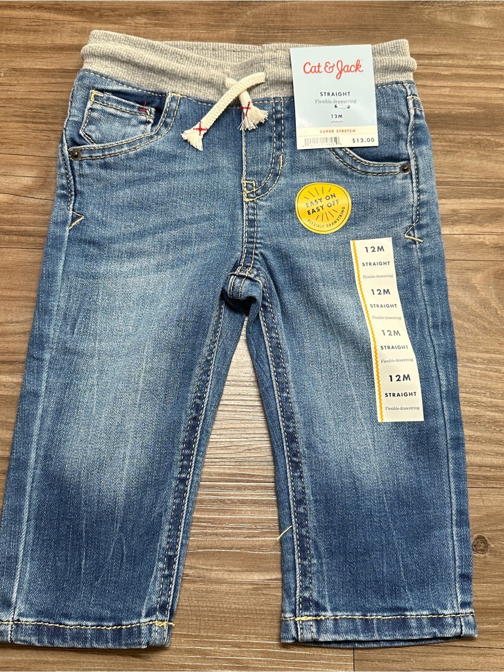Cat & Jack Boys Blue Knit-Waist Drawstring Denim Classic Straight Jeans 12M
